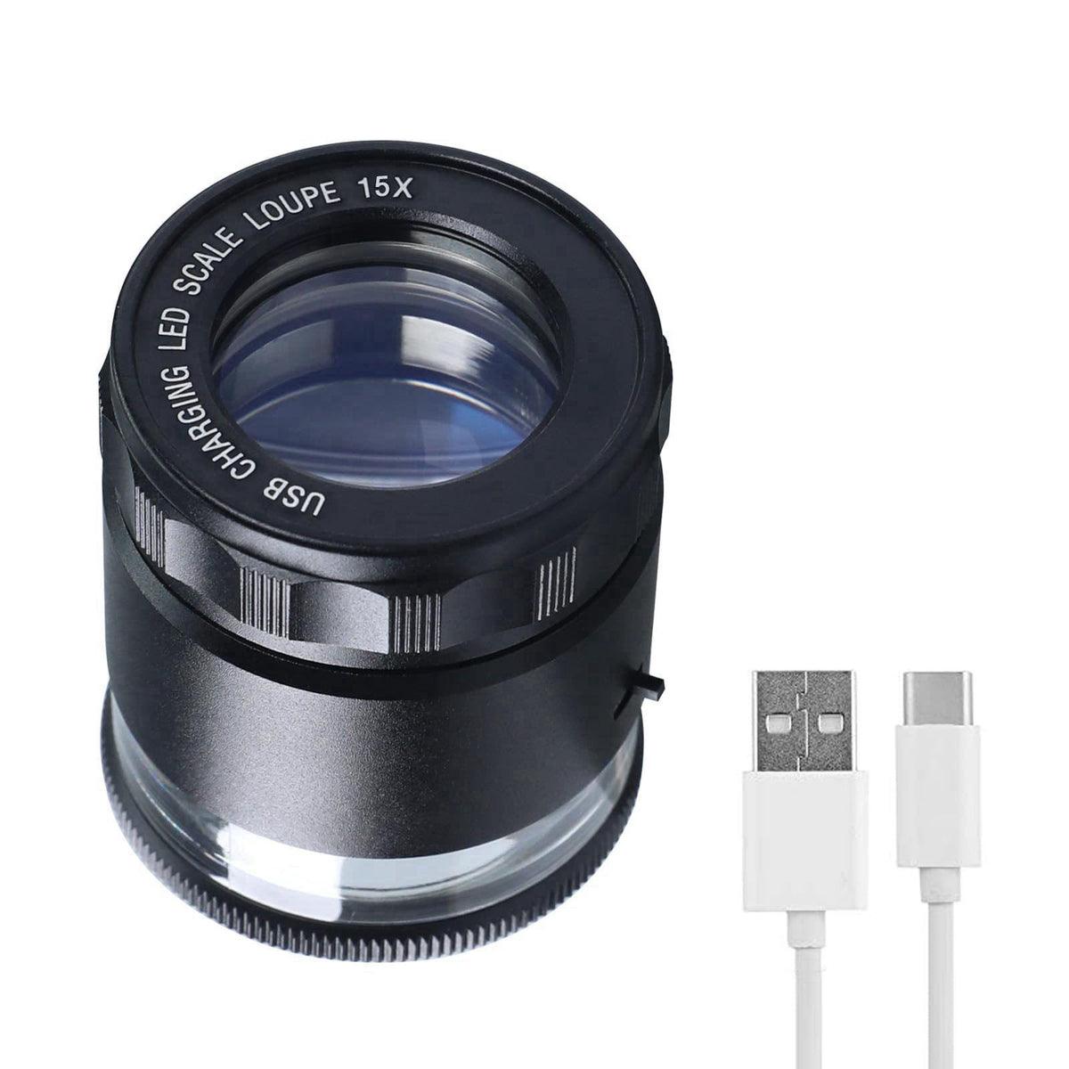 Landtek 15X Jewelers Loupe with Light USB Rechargeable Metal Loupe Magnifier with Detachable Reticle Scale, 25mm Field o