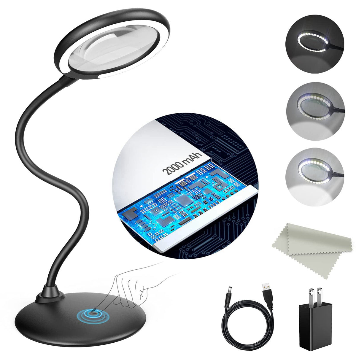 5X Rechargeable Magnifying Glass with Light and Stand, Raweao Dimmable Lighted Magnifying Lamp Glass for Reading, Close 