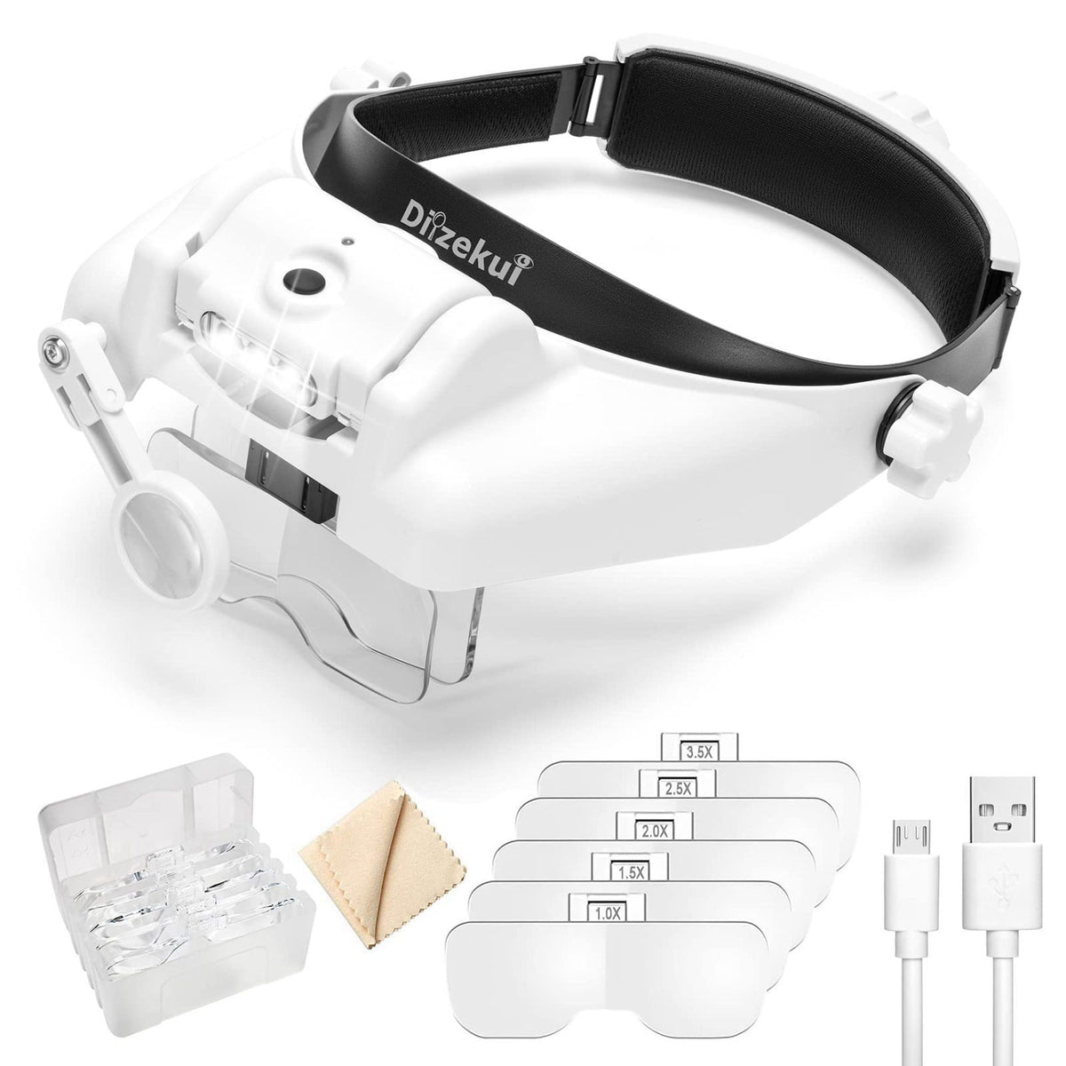 Dilzekui Magnifying Glass with Light 1X-14X, Rechargeable Headset Magnifier – White, Acrylic
