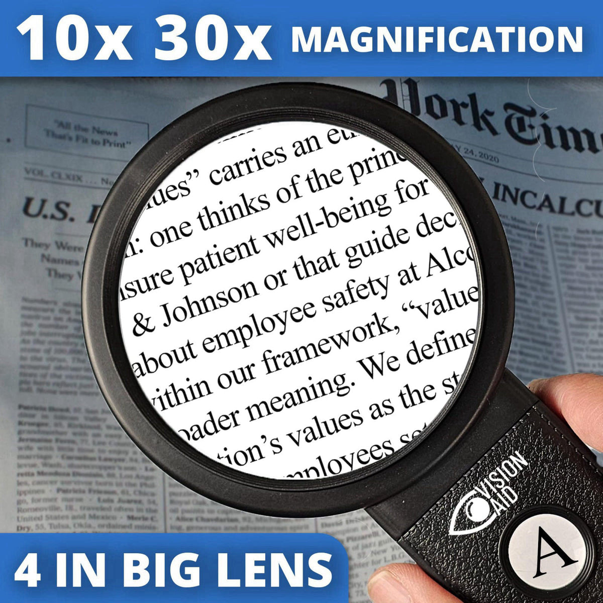 Vision Aid 30X 10X Hands-Free Magnifying Glass with Stand, USB Rechargeable LED Light, Storage Case | Handheld Magnifier