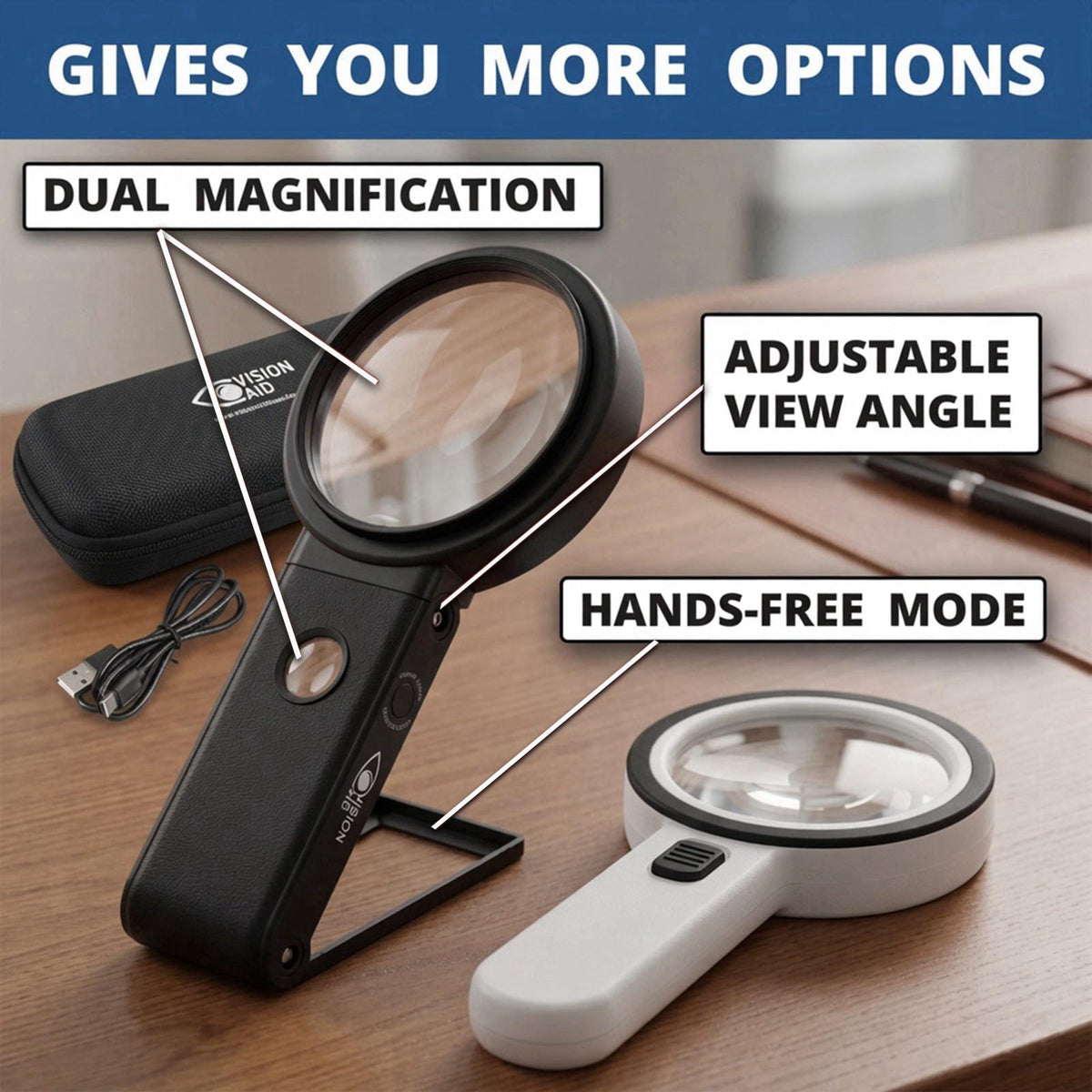 Vision Aid 30X 10X Hands-Free Magnifying Glass with Stand, USB Rechargeable LED Light, Storage Case | Handheld Magnifier