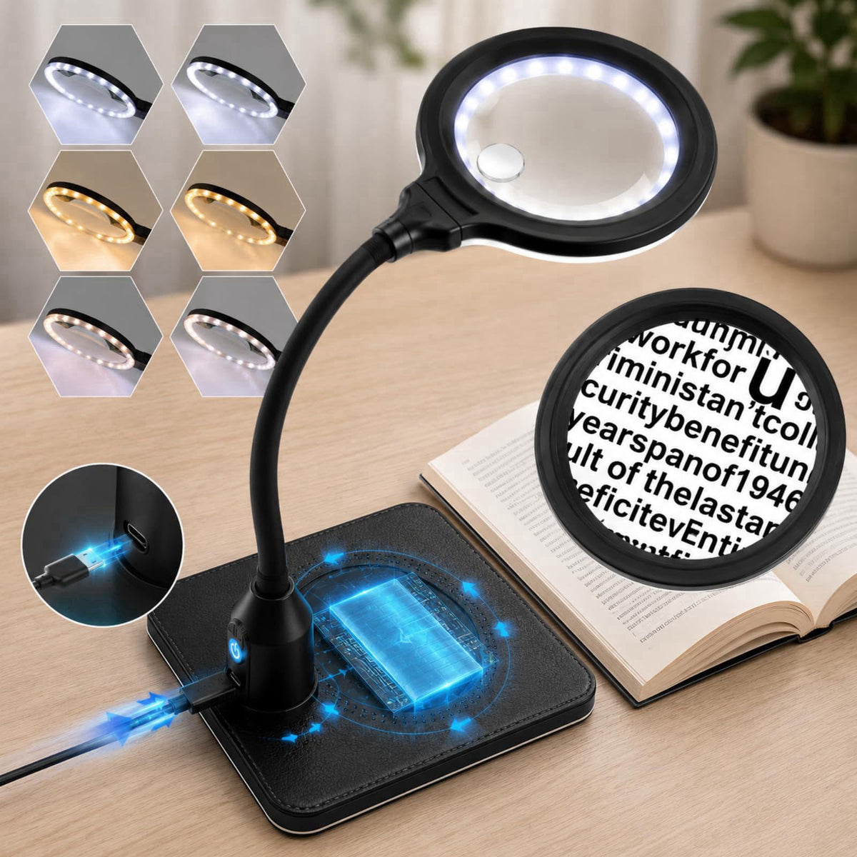 Huiboer 15X 30X Rechargeable Magnifying Glass with Light and Stand for Reading – product photo (Magnifiers)