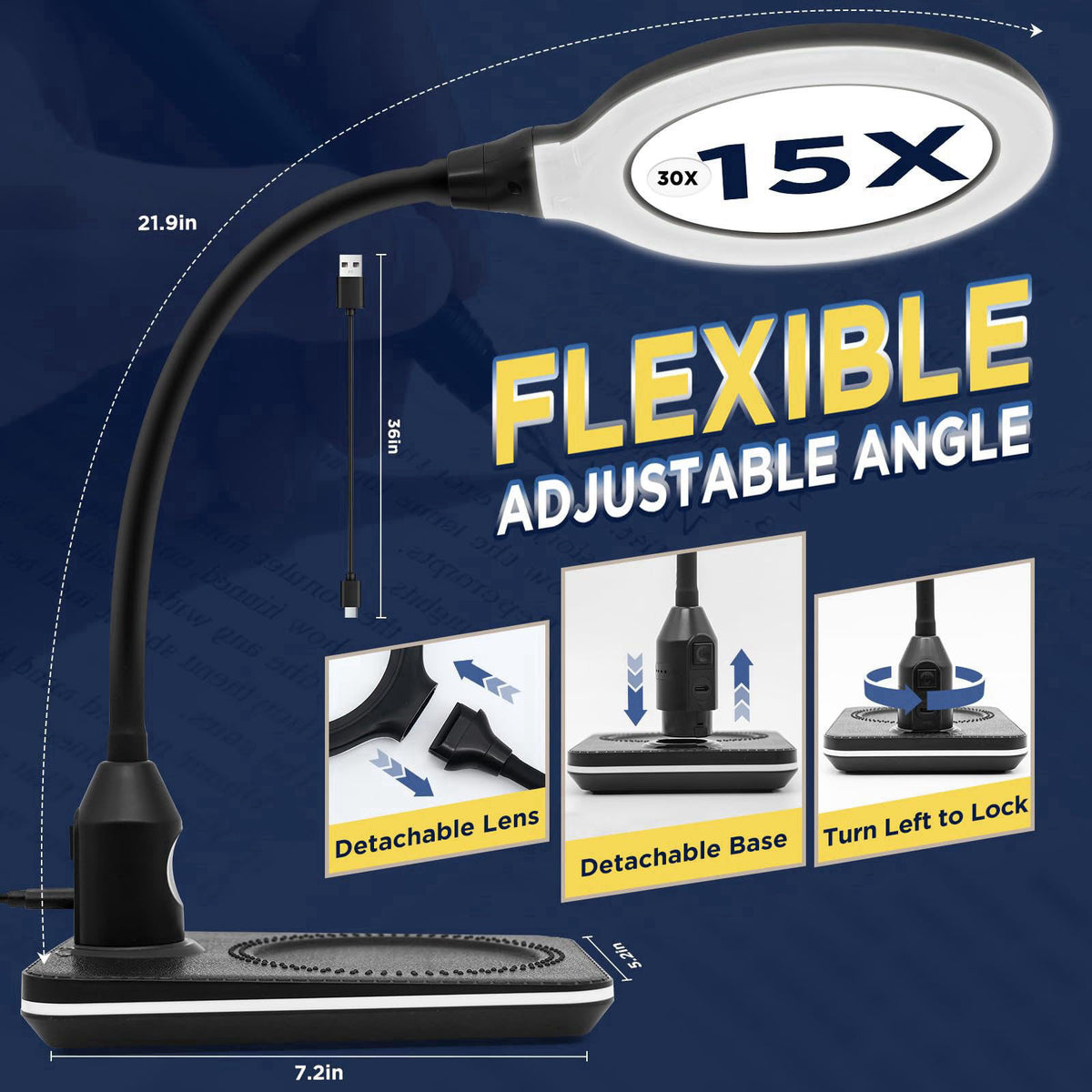 Huiboer 15X 30X Rechargeable Magnifying Glass with Light and Stand for Reading – close-up detail