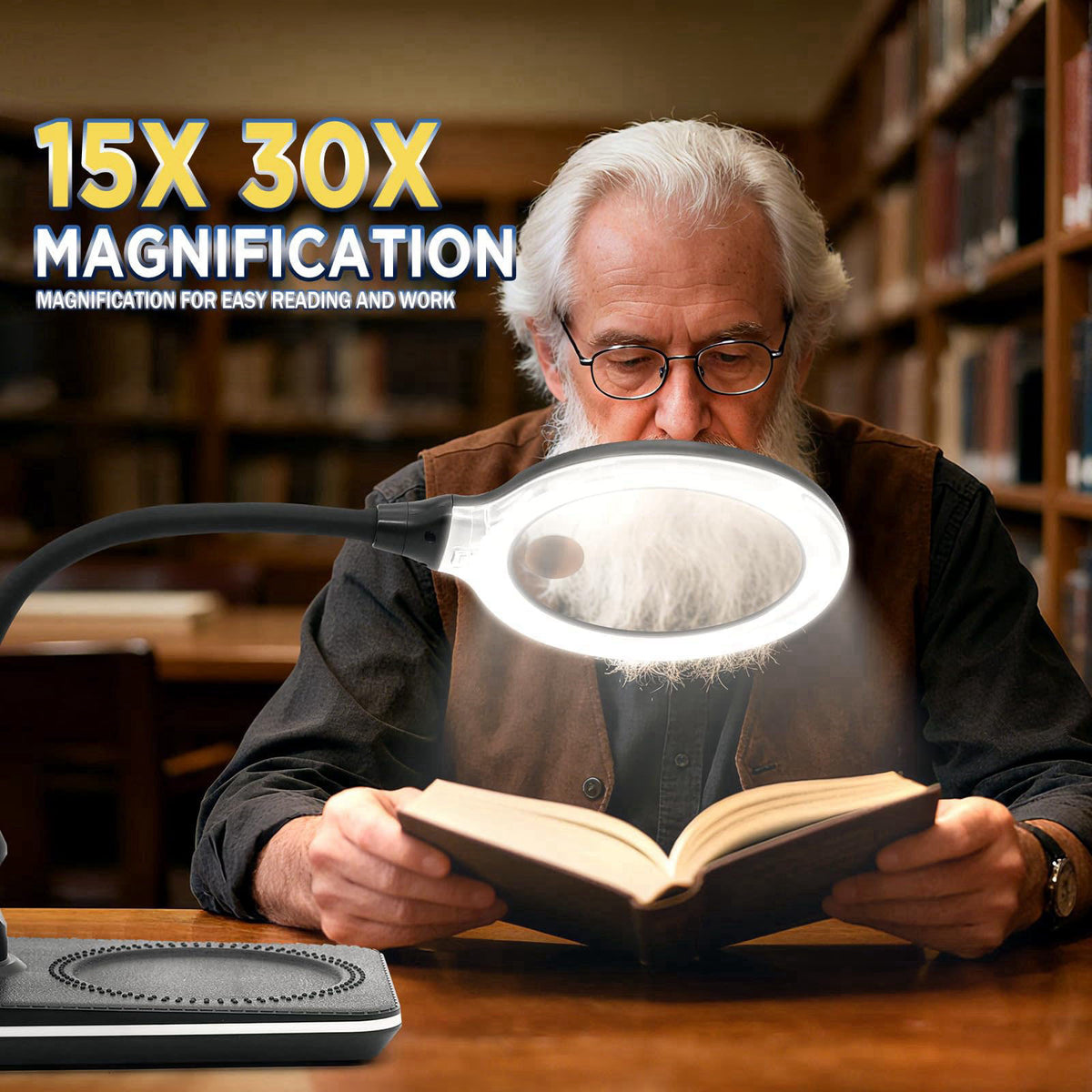 Huiboer 15X 30X Rechargeable Magnifying Glass with Light and Stand for Reading – full view