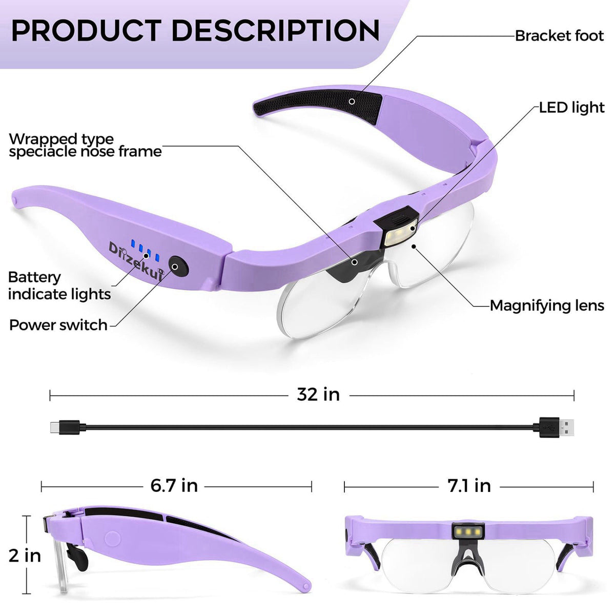 Dilzekui Magnifying Glass w/Light,1.5X-5X Magnifying Glasses Acrylic Lenses – close-up detail in Purple