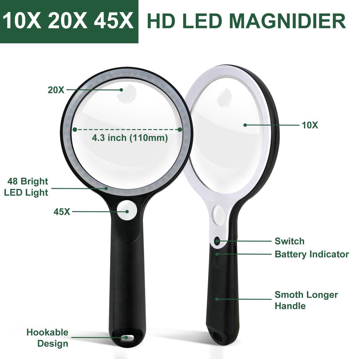 BASEJKCO 10X 20X 45X Magnifying Glass with 48 LED Light – alternate angle