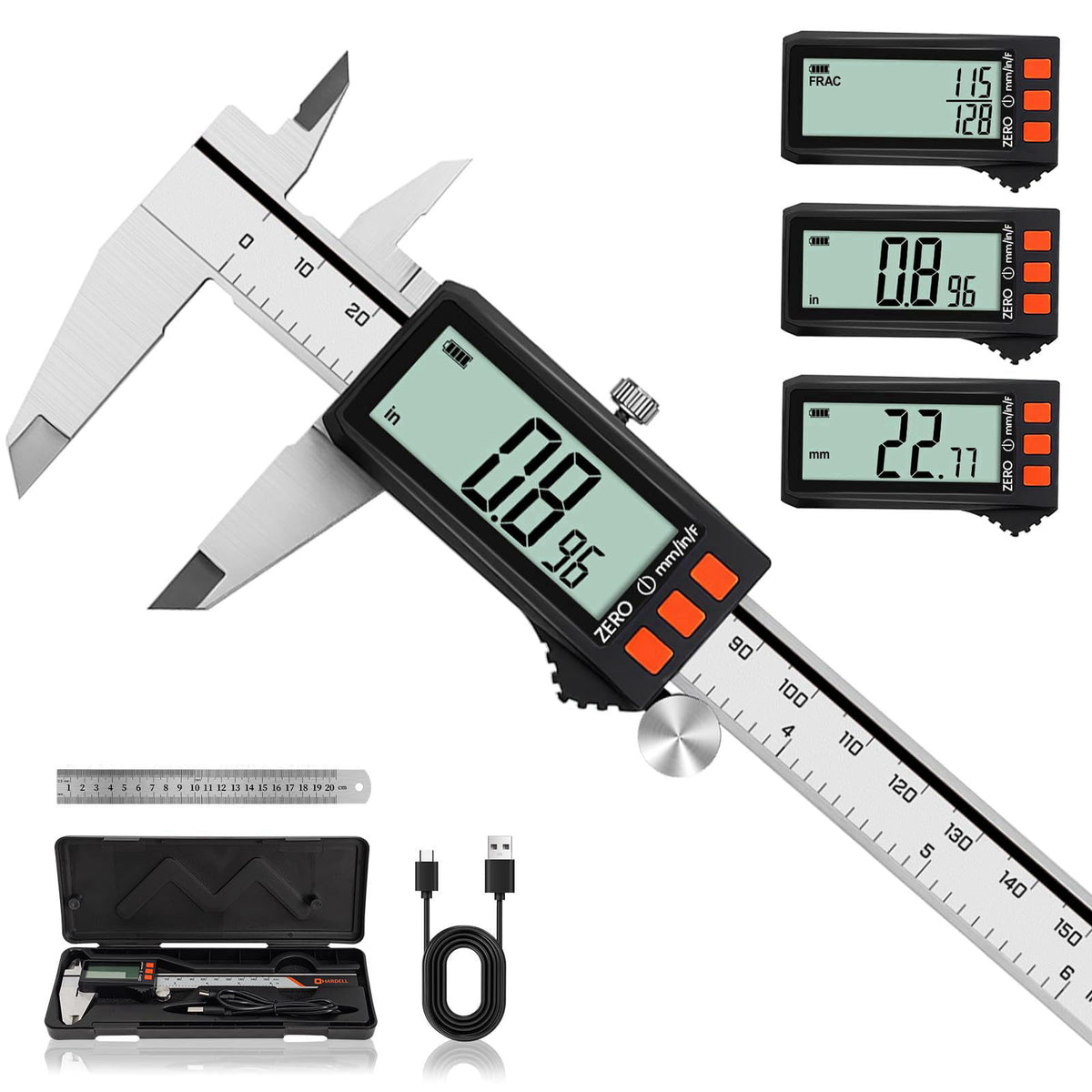 HARDELL Digital Caliper, Rechargeable Calipers with Power Display, 6" – product photo (Digital Calipers)