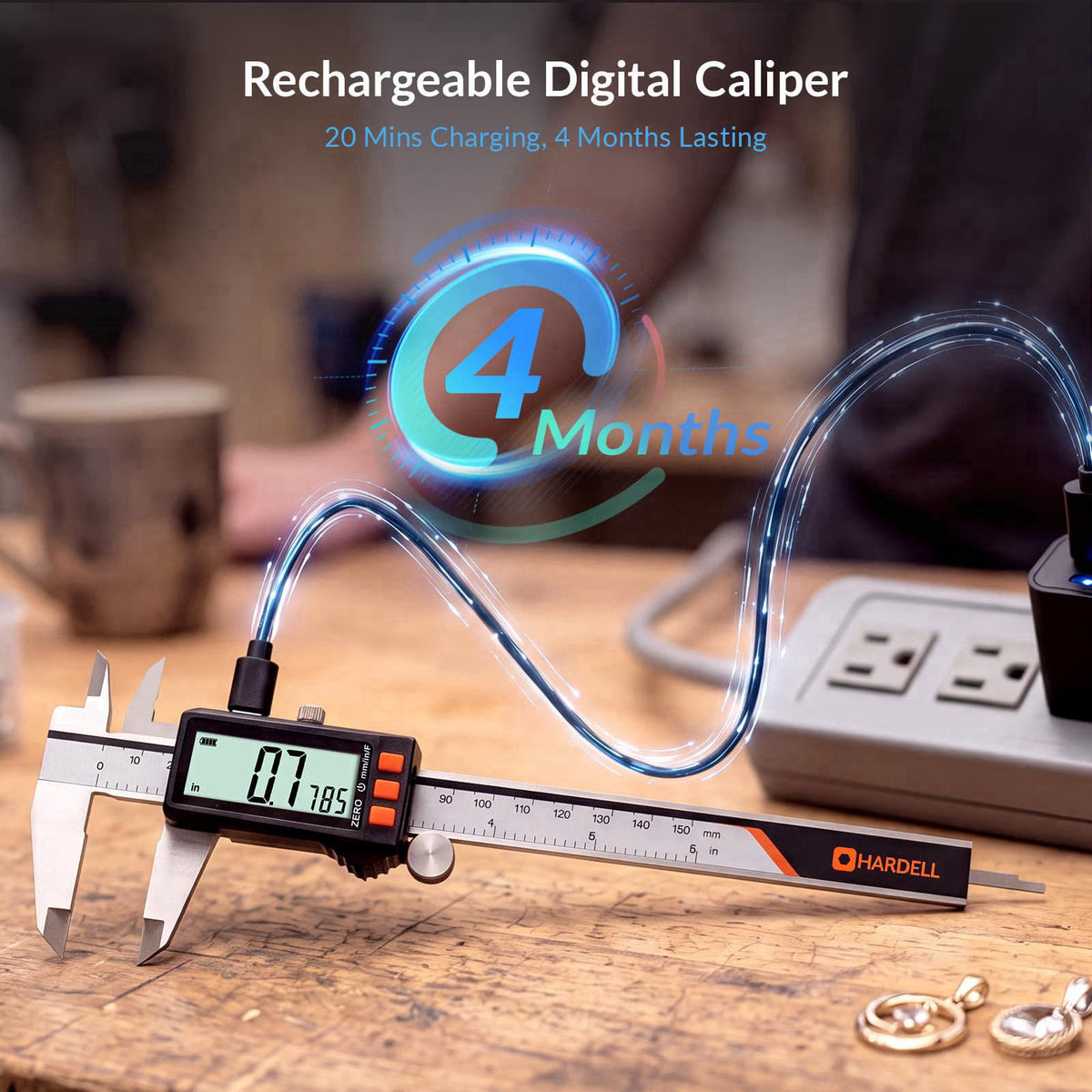 HARDELL Digital Caliper, Rechargeable Calipers with Power Display, 6" – close-up detail