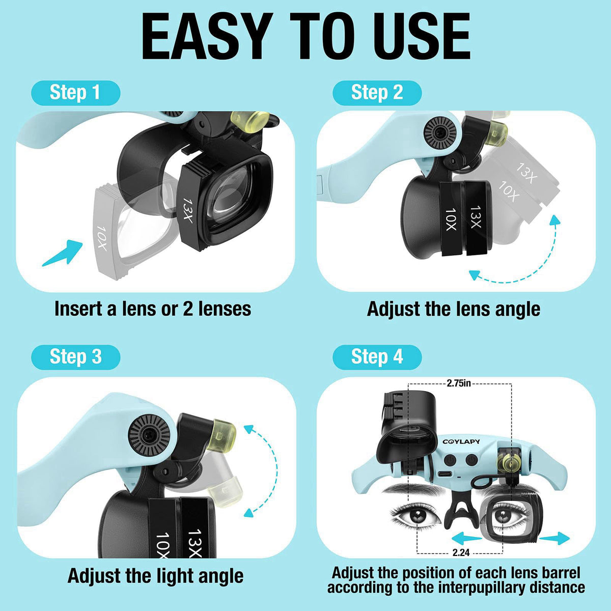 COYLAPY Magnifying Glasses for Close Work, Watch Repair (Blue) – alternate angle