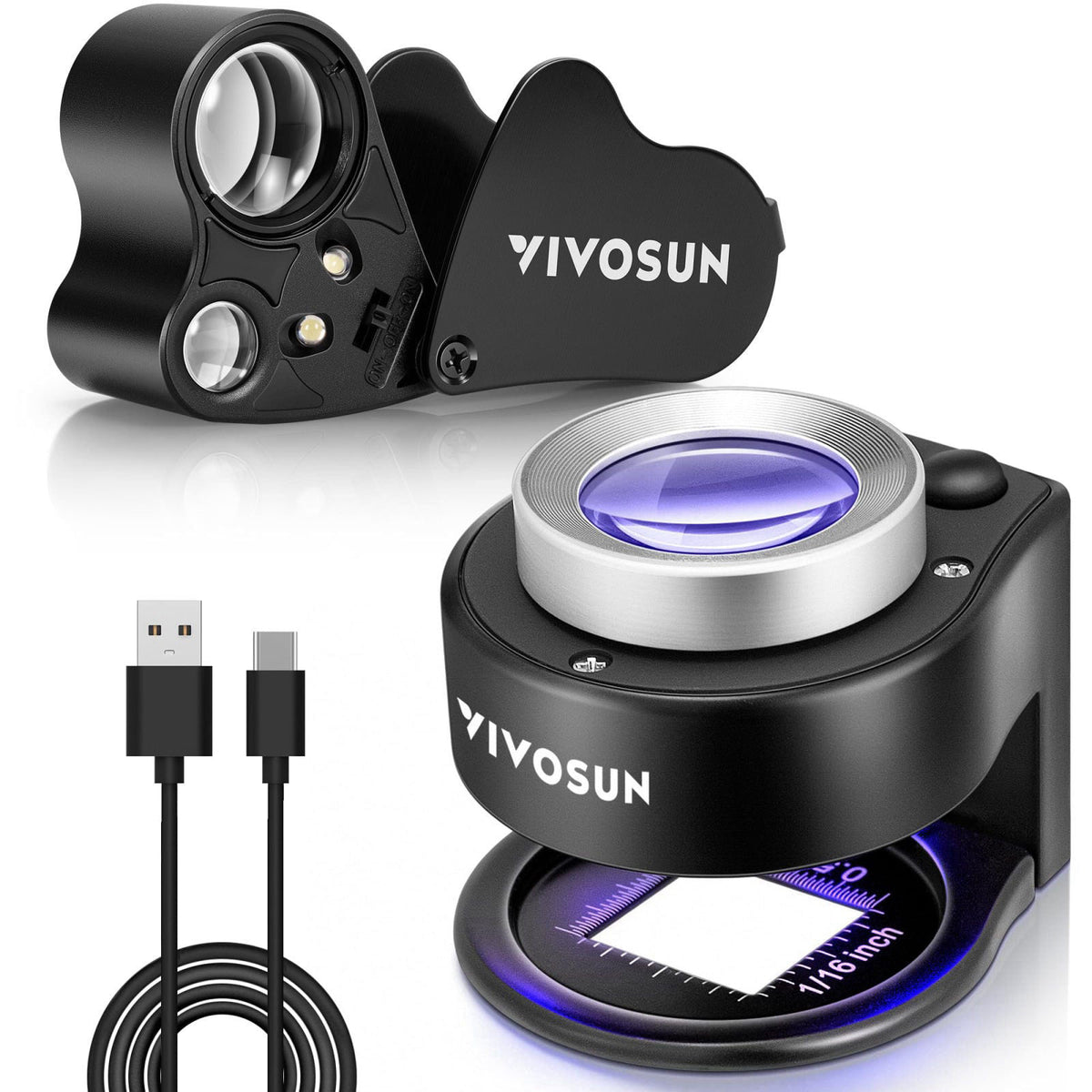 VIVOSUN 2-Pack Jewelry Loupe, 30X 60X Foldable Magnifier with UV/LED Lights