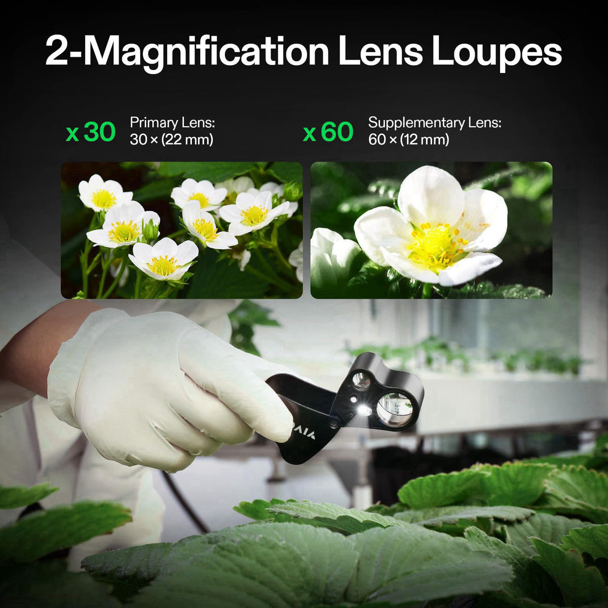 VIVOSUN 2-Pack Jewelry Loupe, 30X 60X Foldable Magnifier with UV/LED Lights – packaging and label