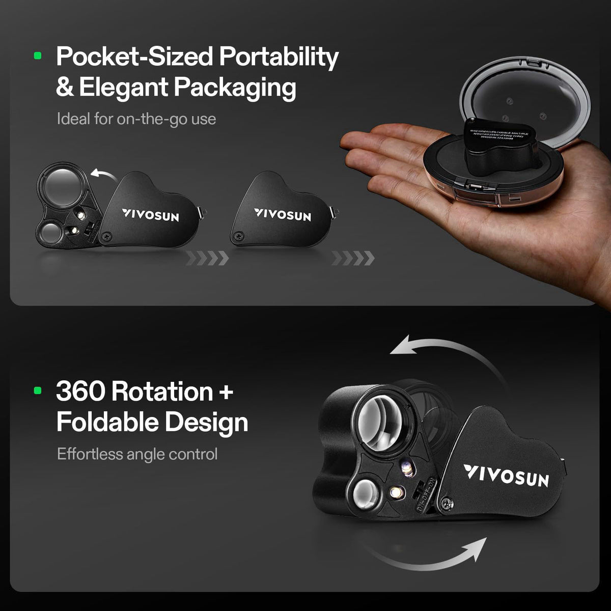 VIVOSUN 2-Pack Jewelry Loupe, 30X 60X Foldable Magnifier with UV/LED Lights – full view
