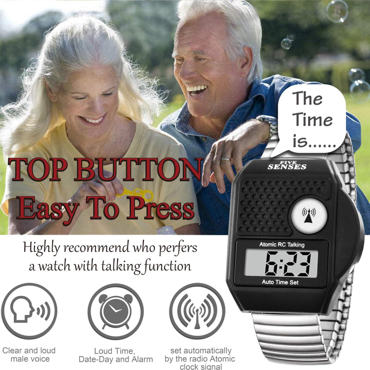 FIVE SENSES - English Atomic Talking Watch, Easy to use for Seniors Blind Men Women, Loud Talking Watch with Sound for V