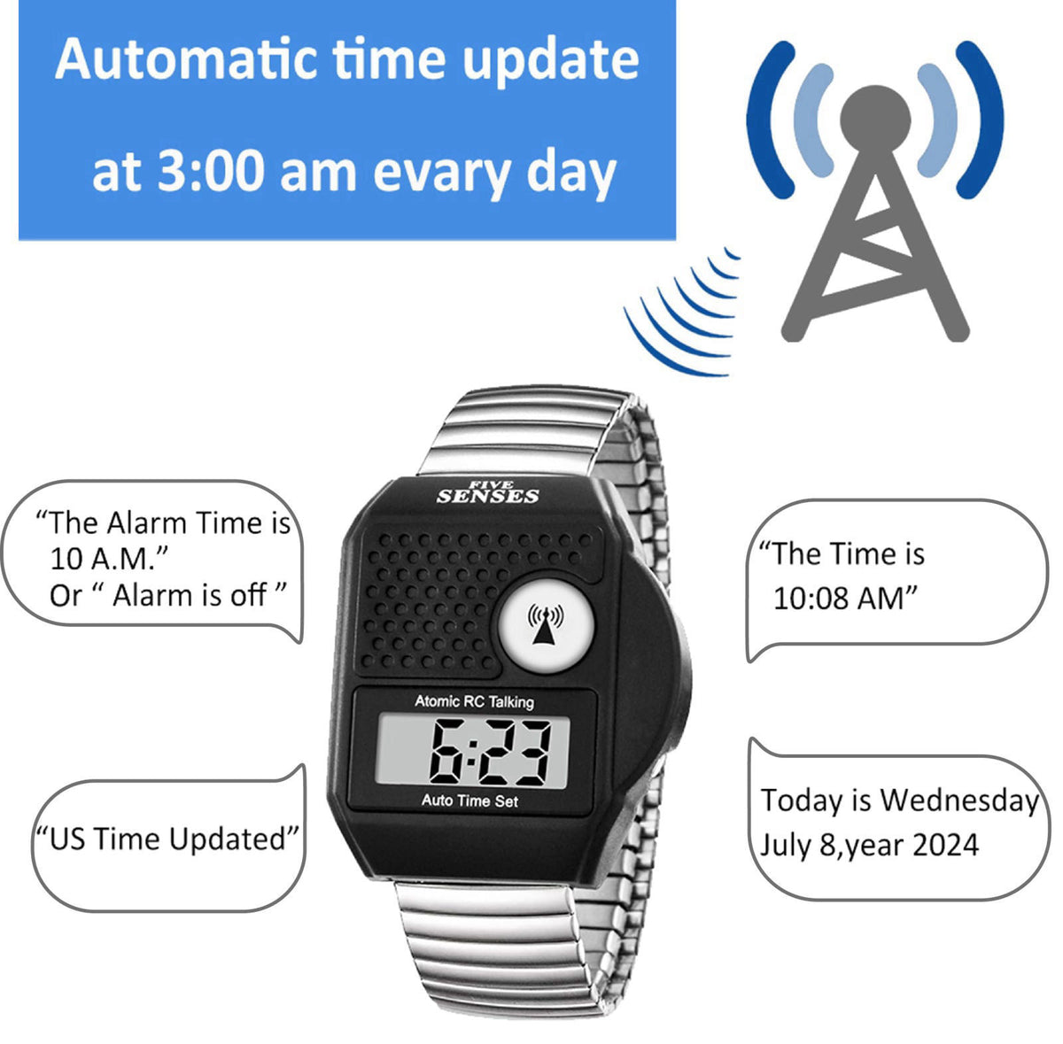 FIVE SENSES - English Atomic Talking Watch, Easy to use for Seniors Blind Men Women, Loud Talking Watch with Sound for V
