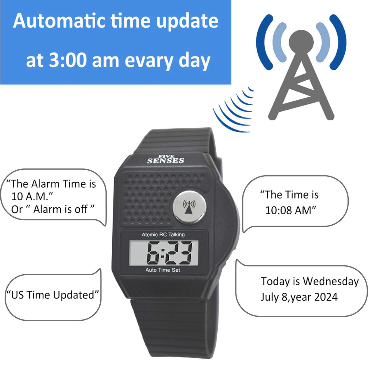 FIVE SENSES - English Atomic Talking Watch, Easy to use for Seniors Blind Men Women, Loud Talking Watch with Sound for V