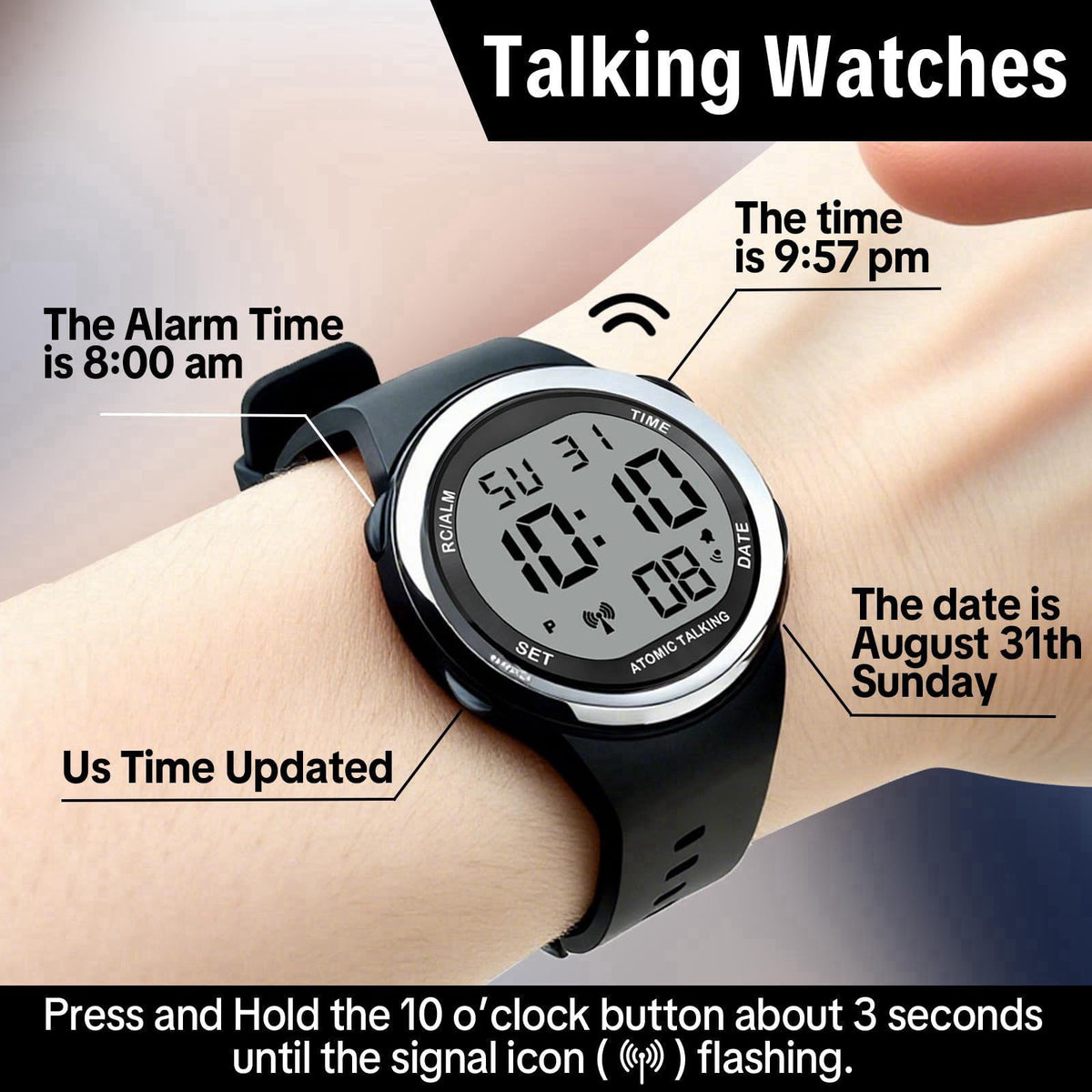 MAUJOY Atomic Talking Watches for The Blind,Automatic Time Calibration – packaging and label