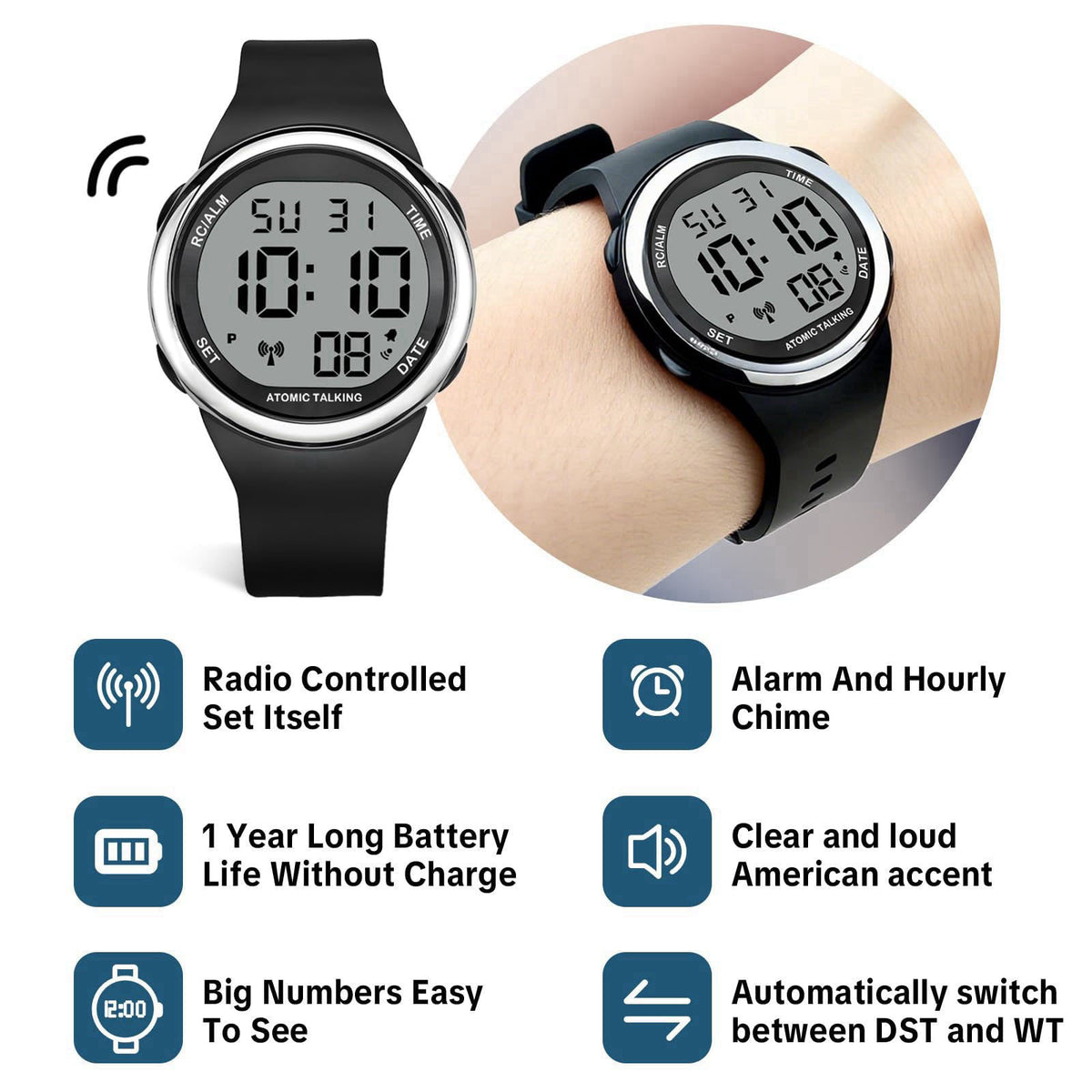 MAUJOY Atomic Talking Watches for The Blind,Automatic Time Calibration – full view