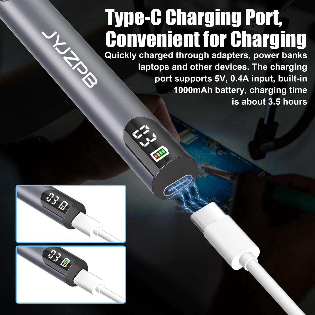 JYJZPB New Upgraded Cordless Rechargeable Soldering Iron Kit with Digital LCD – back view and specifications