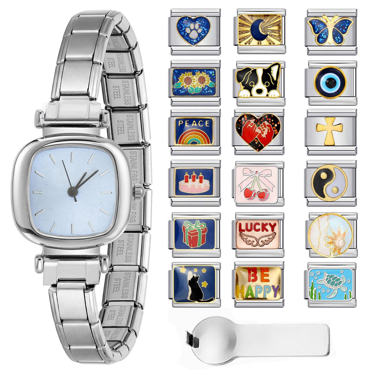 GEMOSA Italian Charms Watch Bracelet, Square Dial with 5 Color Options, 18Pcs DIY Charm Modules Set with Starter Bracele