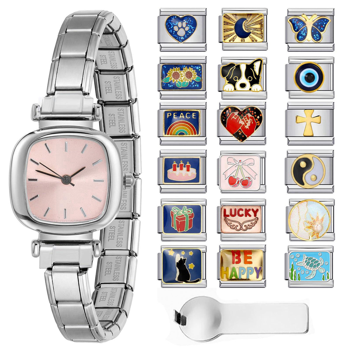 GEMOSA Italian Charms Watch Bracelet, Square Dial with 5 Color Options, 18Pcs DIY Charm Modules Set with Starter Bracele