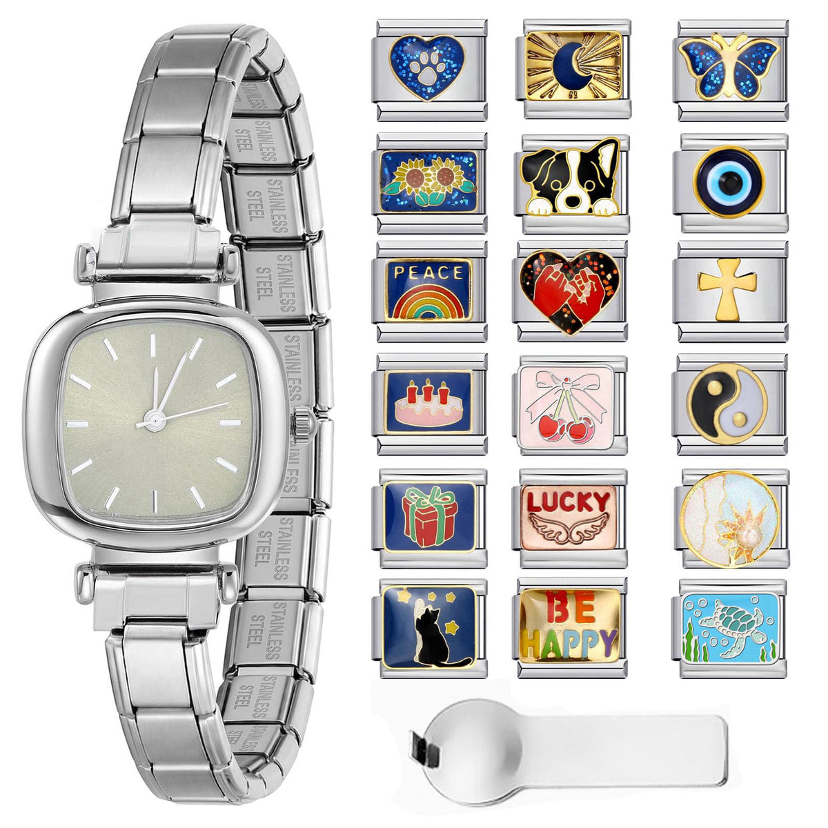GEMOSA Italian Charms Watch Bracelet, Square Dial with 5 Color Options, 18Pcs DIY Charm Modules Set with Starter Bracele