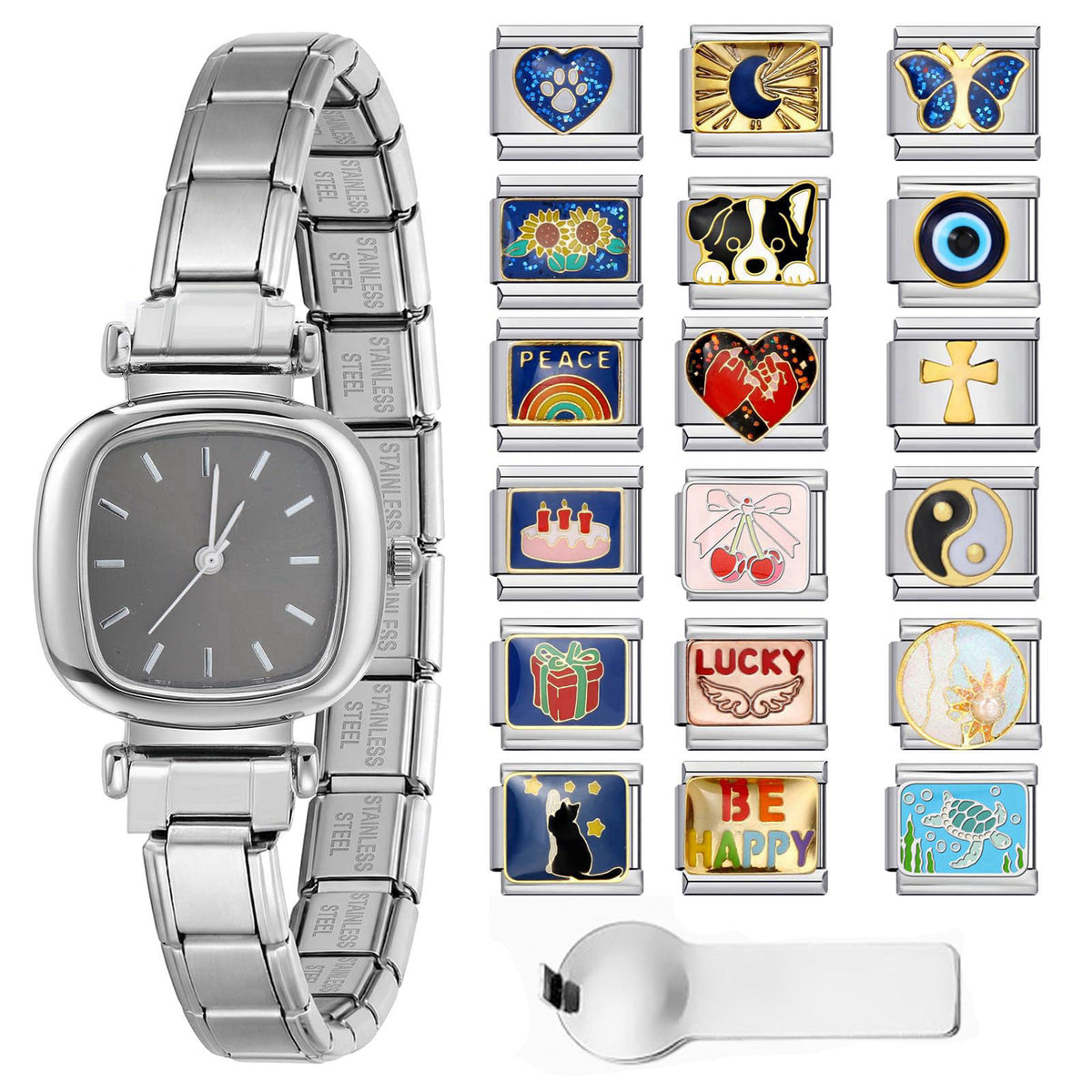 GEMOSA Italian Charms Watch Bracelet, Square Dial with 5 Color Options, 18Pcs DIY Charm Modules Set with Starter Bracele