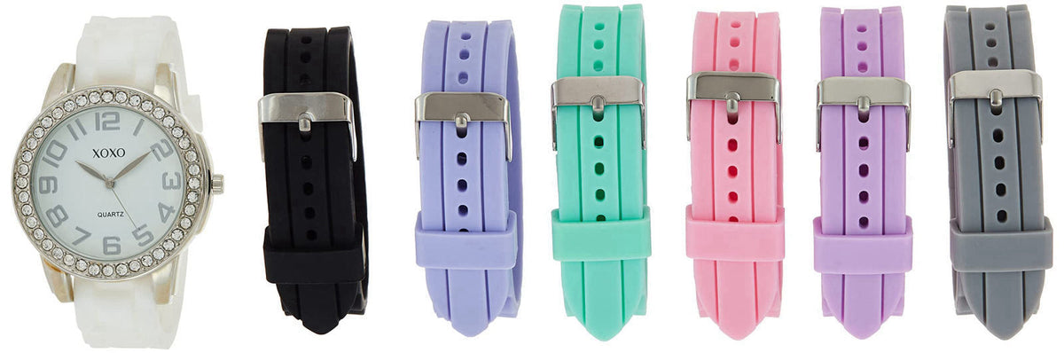 Accutime XOXO Women’s Silver-Tone Analog Watch with Crystal-Accent Bezel – 7 Interchangeable Silicone Bands – Stylish Qu