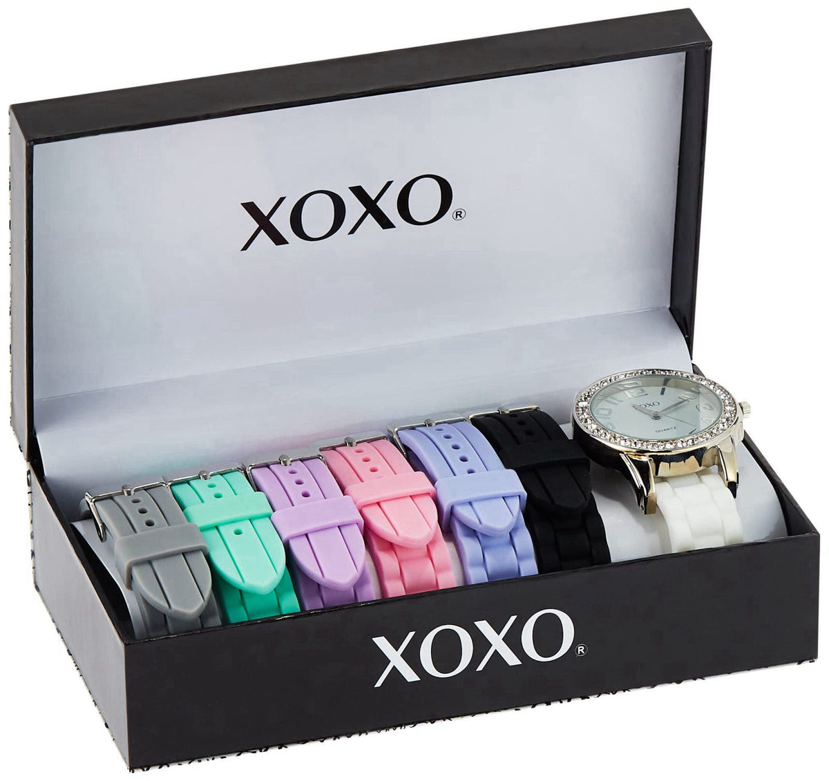 Accutime XOXO Women’s Silver-Tone Analog Watch with Crystal-Accent Bezel – 7 Interchangeable Silicone Bands – Stylish Qu
