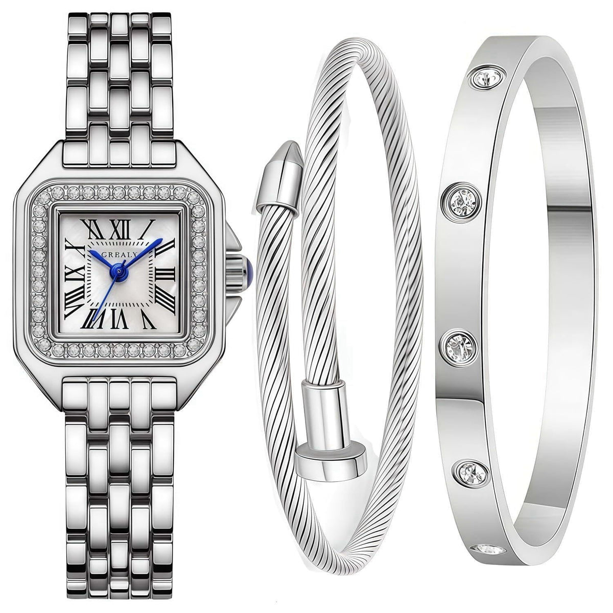 Kchss Women's Roman Dial Bangle Watch Stainless Steel Bracelet Set Ladies Wrist Watch – product photo (Wrist Watches)