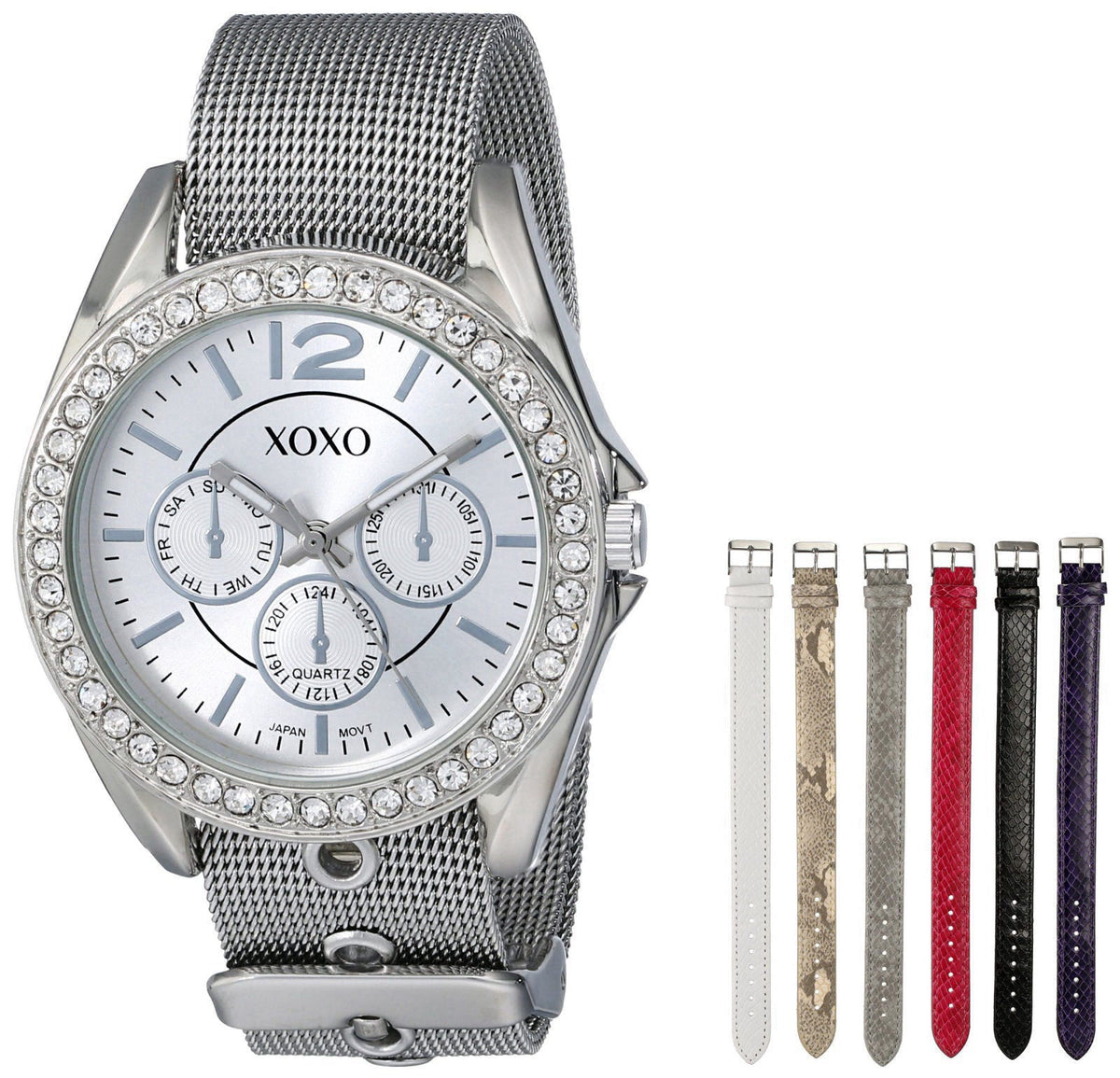 Accutime XOXO Women's XO9053 Rhinsetone-Accented Watch with Interchangeable Straps – packaging and label