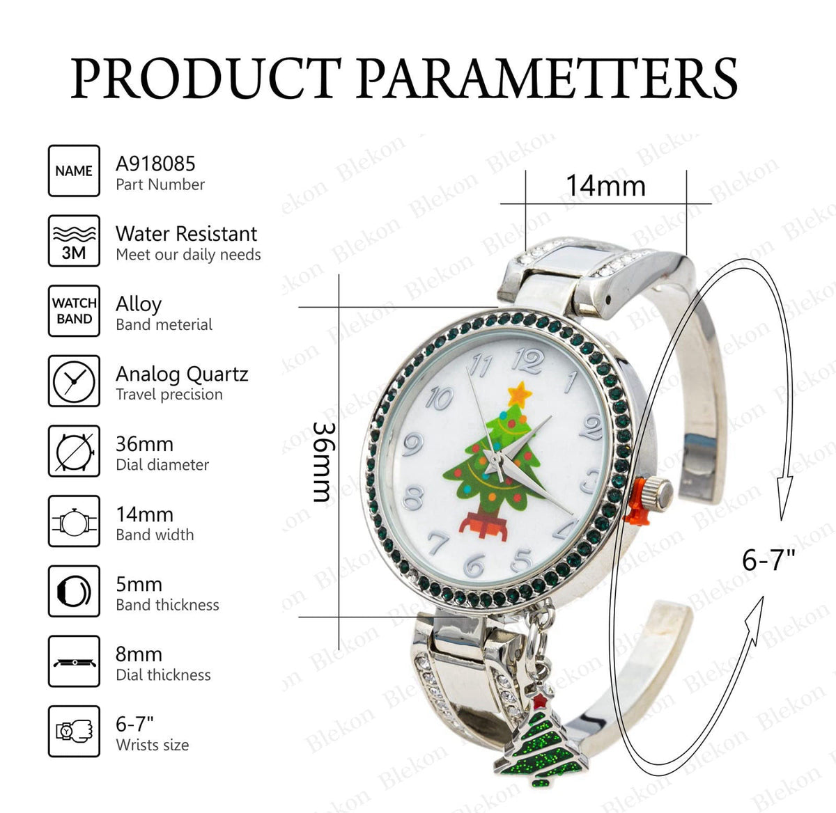 Blekon Collections Women's 34mm Case Rhinestone Dial Metal Cuff Bangle Watch – packaging and label