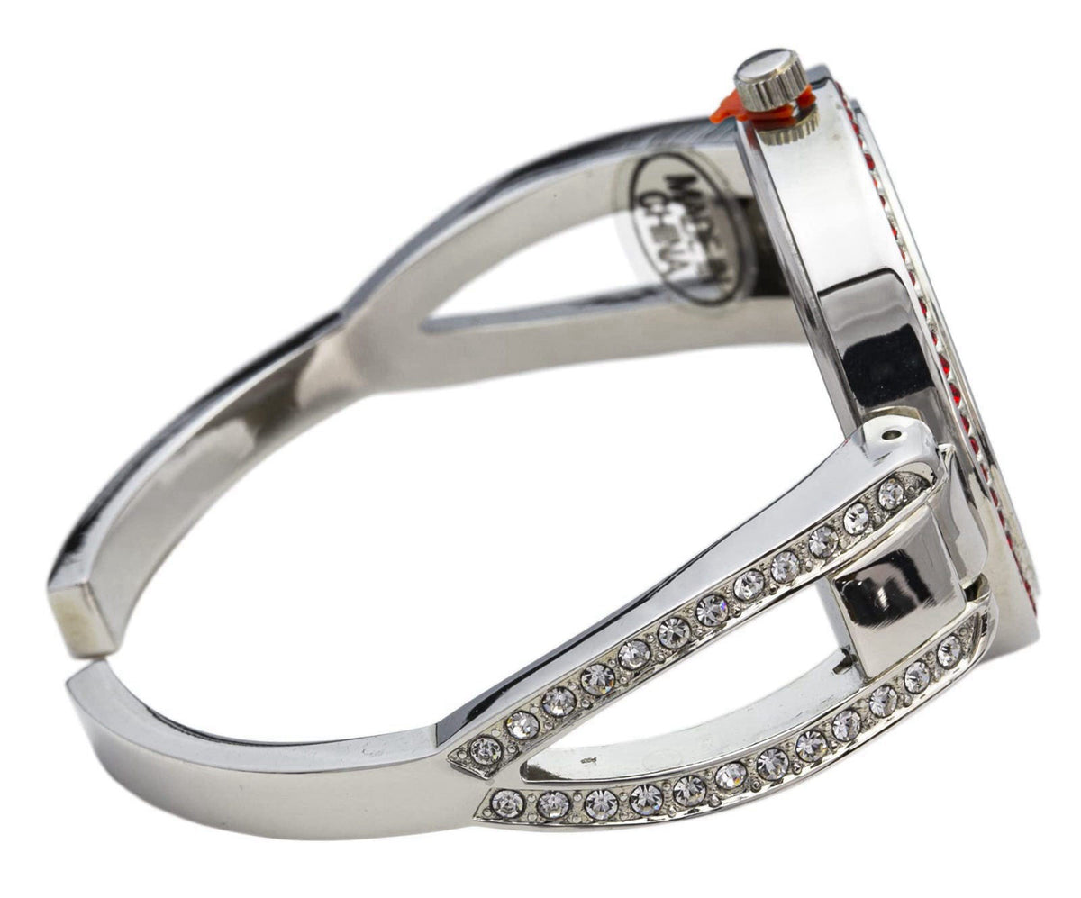 Blekon Collections Women's 34mm Case Rhinestone Dial Metal Cuff Bangle Watch – back view and specifications