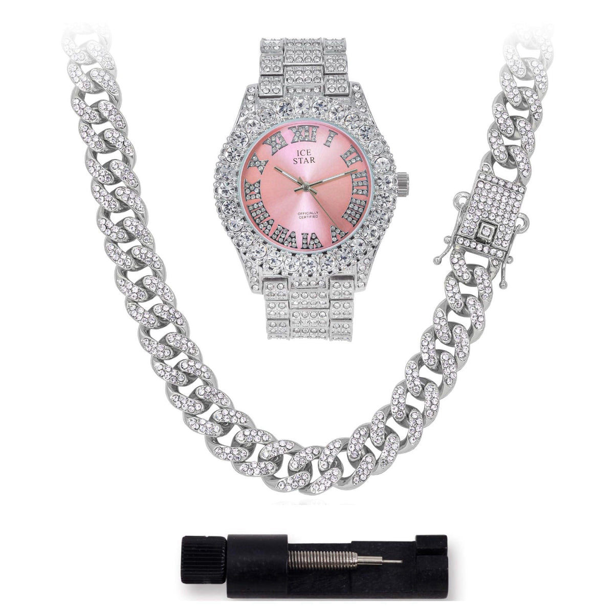 Techno Pave Womens Iced Solitaire Bezel Watch & Chain Set, 44mm Case – product photo (Wrist Watches)