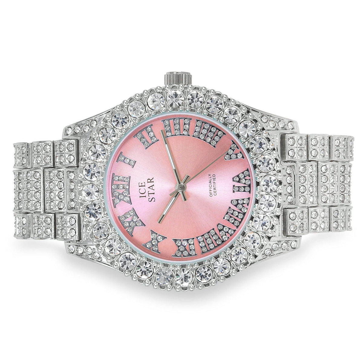 Techno Pave Womens Iced Solitaire Bezel Watch & Chain Set, 44mm Case – back view and specifications