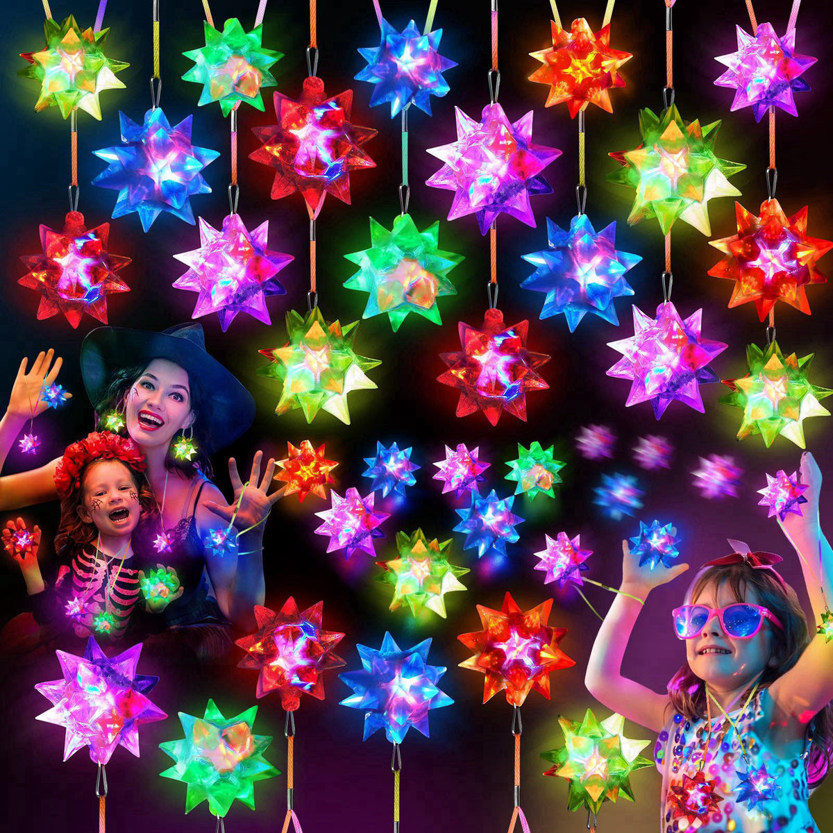 HONLYNE 48PCS Flashing Crystal Star Necklaces, Glow Necklaces Bulk Light up Party Favors, LED Glow in The Dark Party Fav