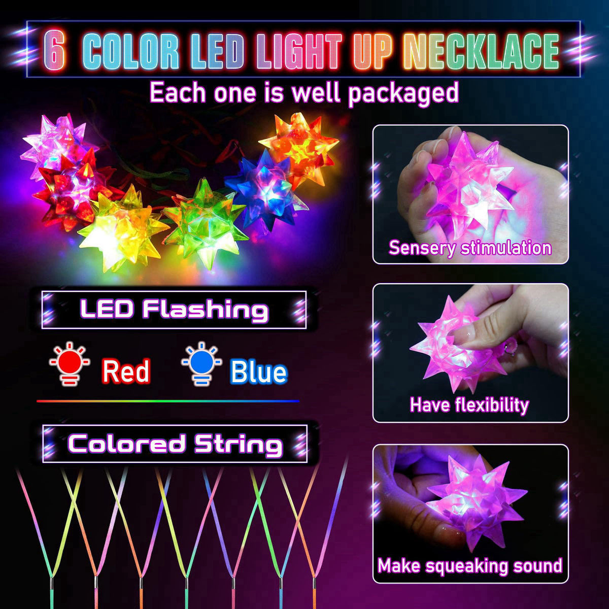 HONLYNE 48PCS Flashing Crystal Star Necklaces, Glow Necklaces Bulk Light up Party Favors, LED Glow in The Dark Party Fav