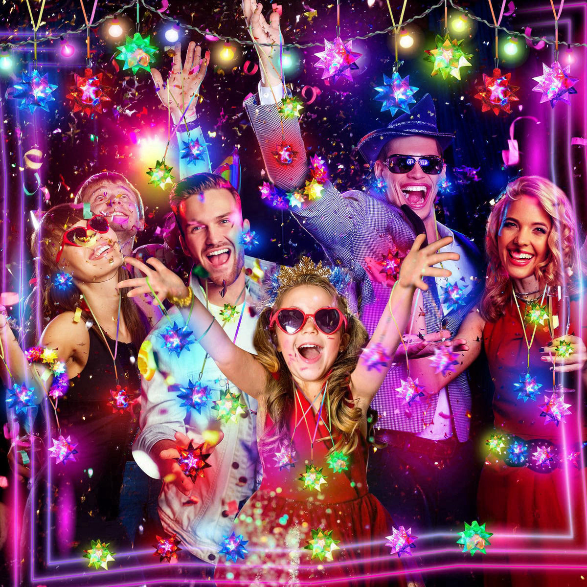 HONLYNE 48PCS Flashing Crystal Star Necklaces, Glow Necklaces Bulk Light up Party Favors, LED Glow in The Dark Party Fav
