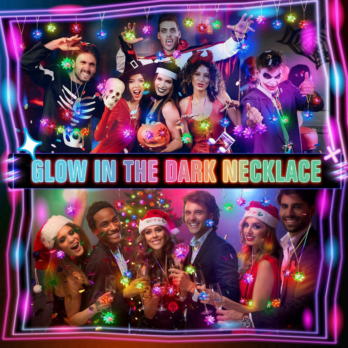 HONLYNE 48PCS Flashing Crystal Star Necklaces, Glow Necklaces Bulk Light up Party Favors, LED Glow in The Dark Party Fav