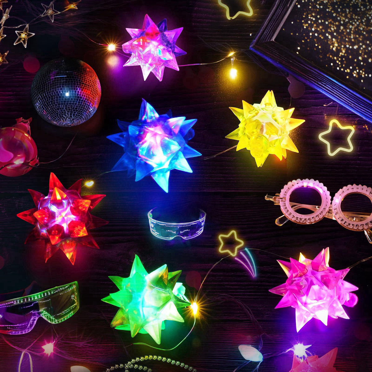 HONLYNE 48PCS Flashing Crystal Star Necklaces, Glow Necklaces Bulk Light up Party Favors, LED Glow in The Dark Party Fav