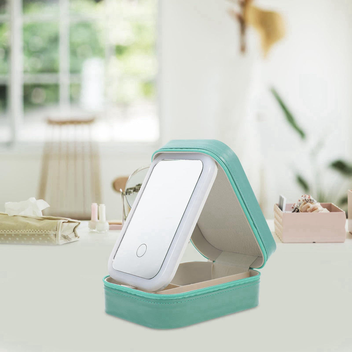 VILLCASE LED Mirror Makeup Bag Organizer with Divided Compartments, Green – close-up detail