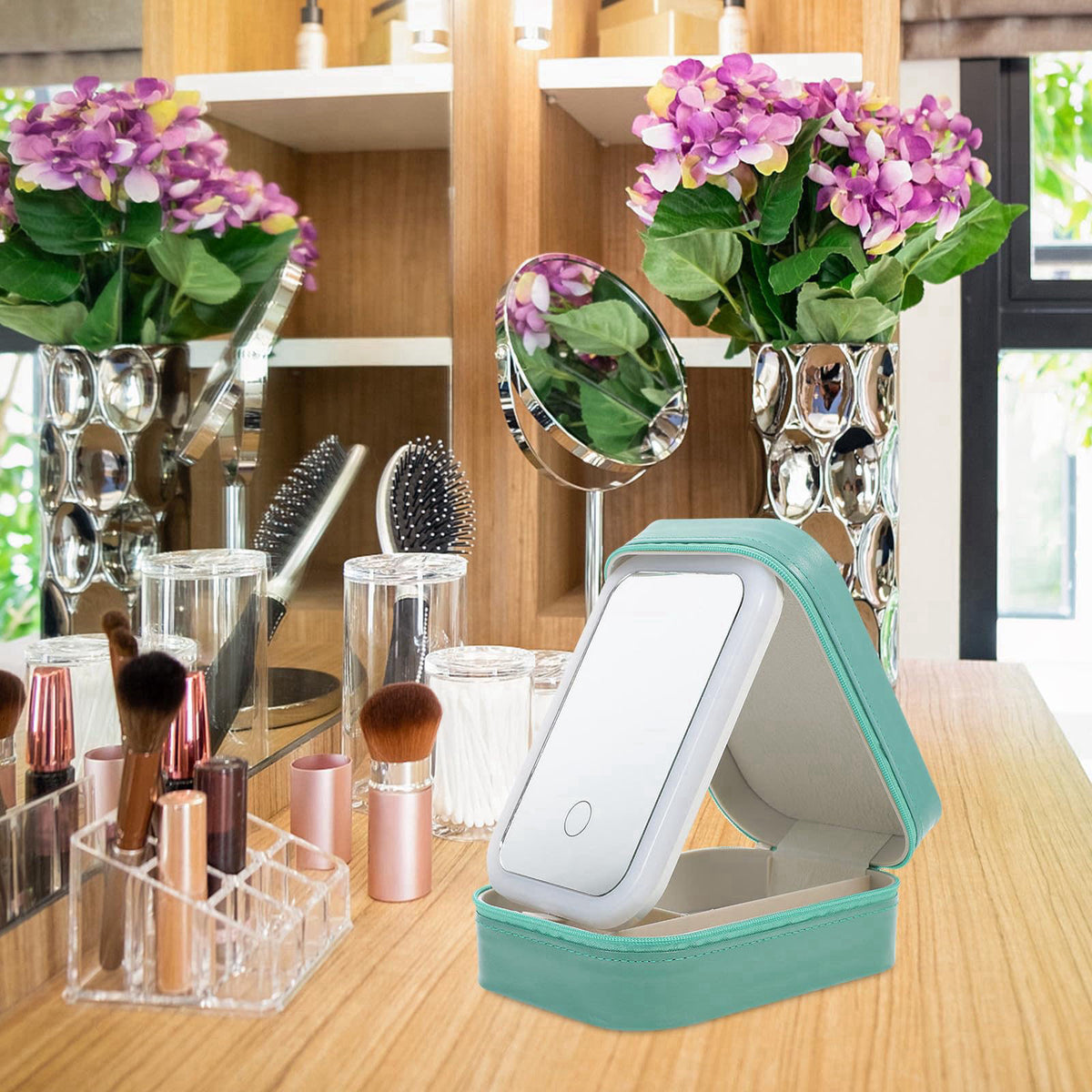 VILLCASE LED Mirror Makeup Bag Organizer with Divided Compartments, Green – alternate angle
