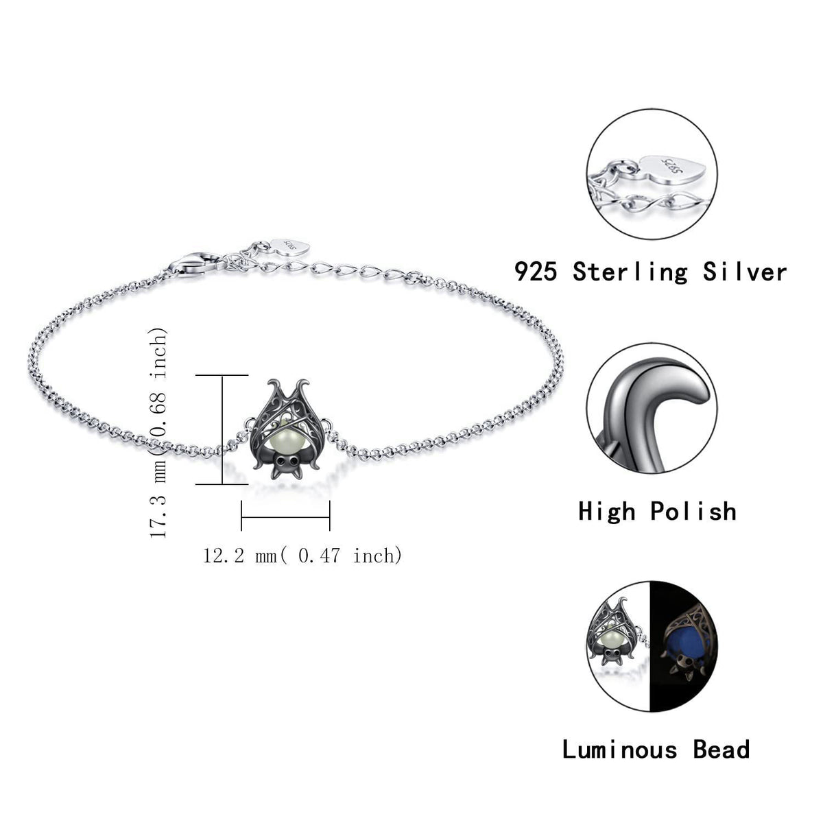 APOTIE Cute Bat Bracelet Sterling Silver Glowing in The Dark Animal Bracelet Little Witchy Vampire Halloween Jewelry Gif