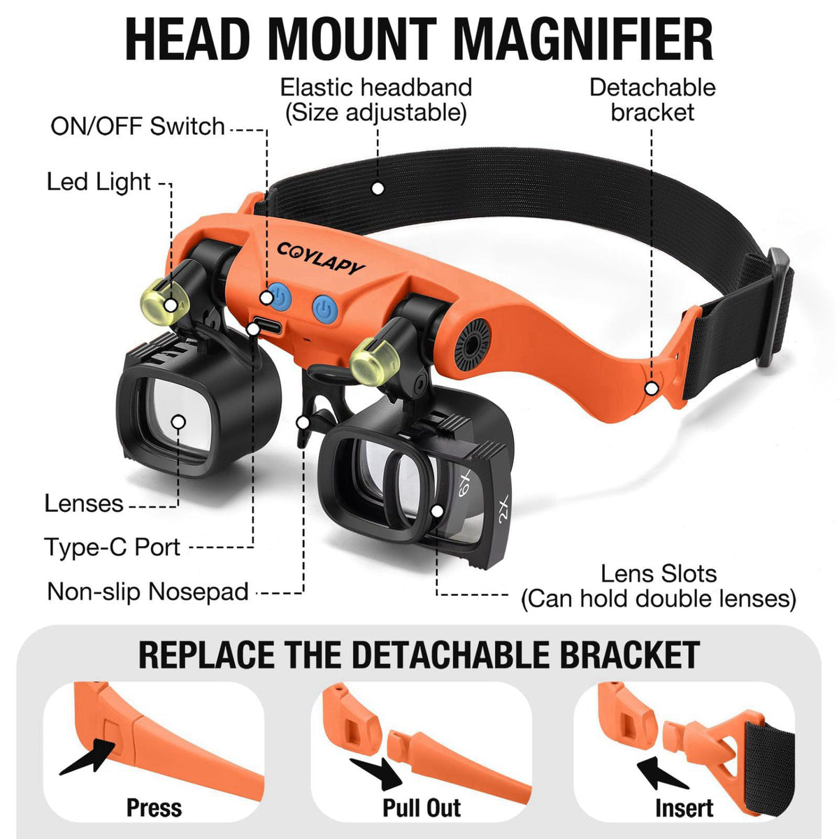 COYLAPY Magnifying Glasses for Close Work, Watch Repair (Orange) – close-up detail in Orange