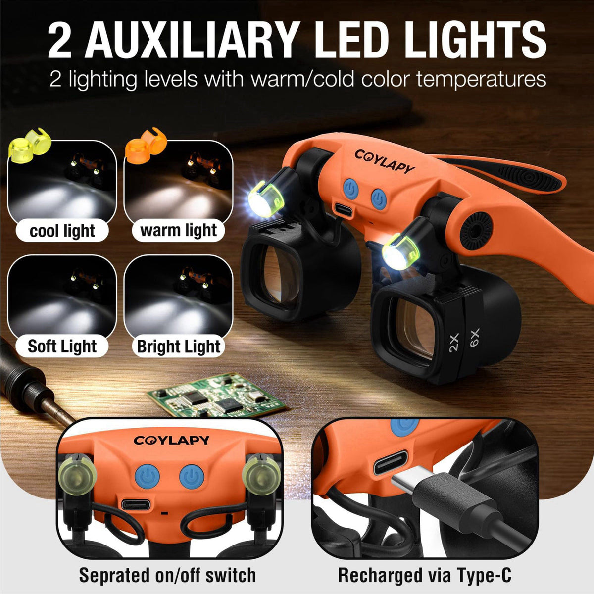 COYLAPY Magnifying Glasses for Close Work, Watch Repair (Orange) – full view