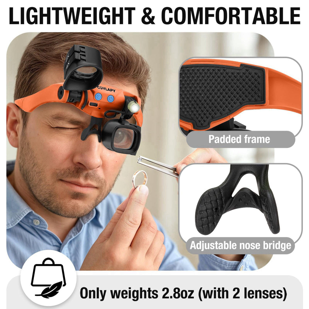 COYLAPY Magnifying Glasses for Close Work, Watch Repair (Orange) – back view and specifications