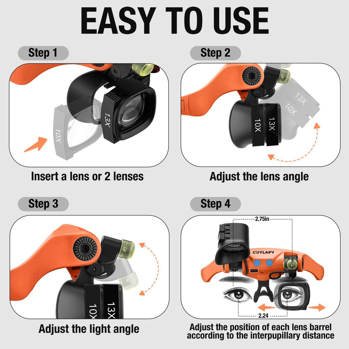 COYLAPY Magnifying Glasses for Close Work, Watch Repair (Orange) – alternate angle