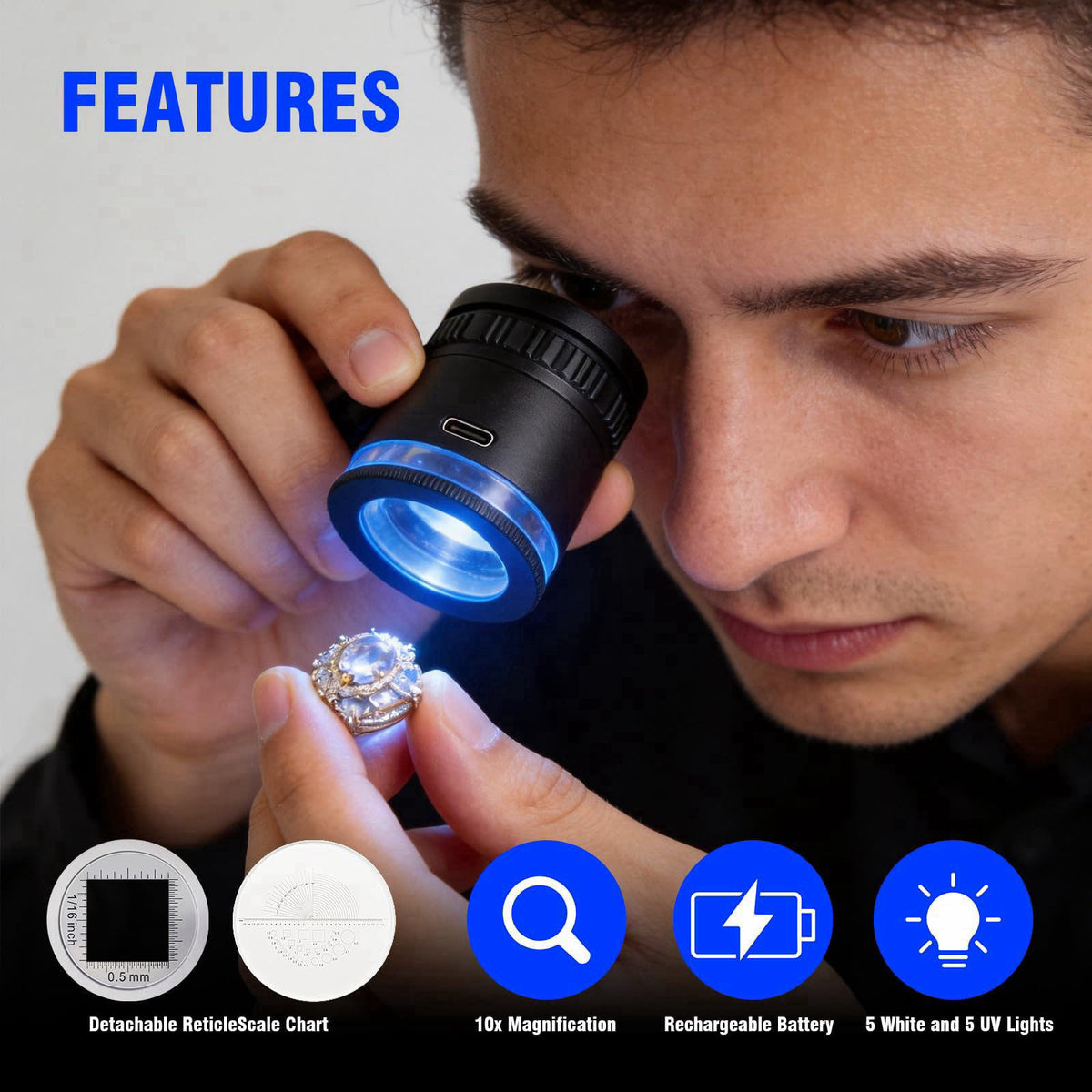 Dasourypro LED Scale Loupe Magnifier 10x Rechargeable with UV & UV Lights, 30mm Optical Lens Metal Gems Loupe Jewelry Lo