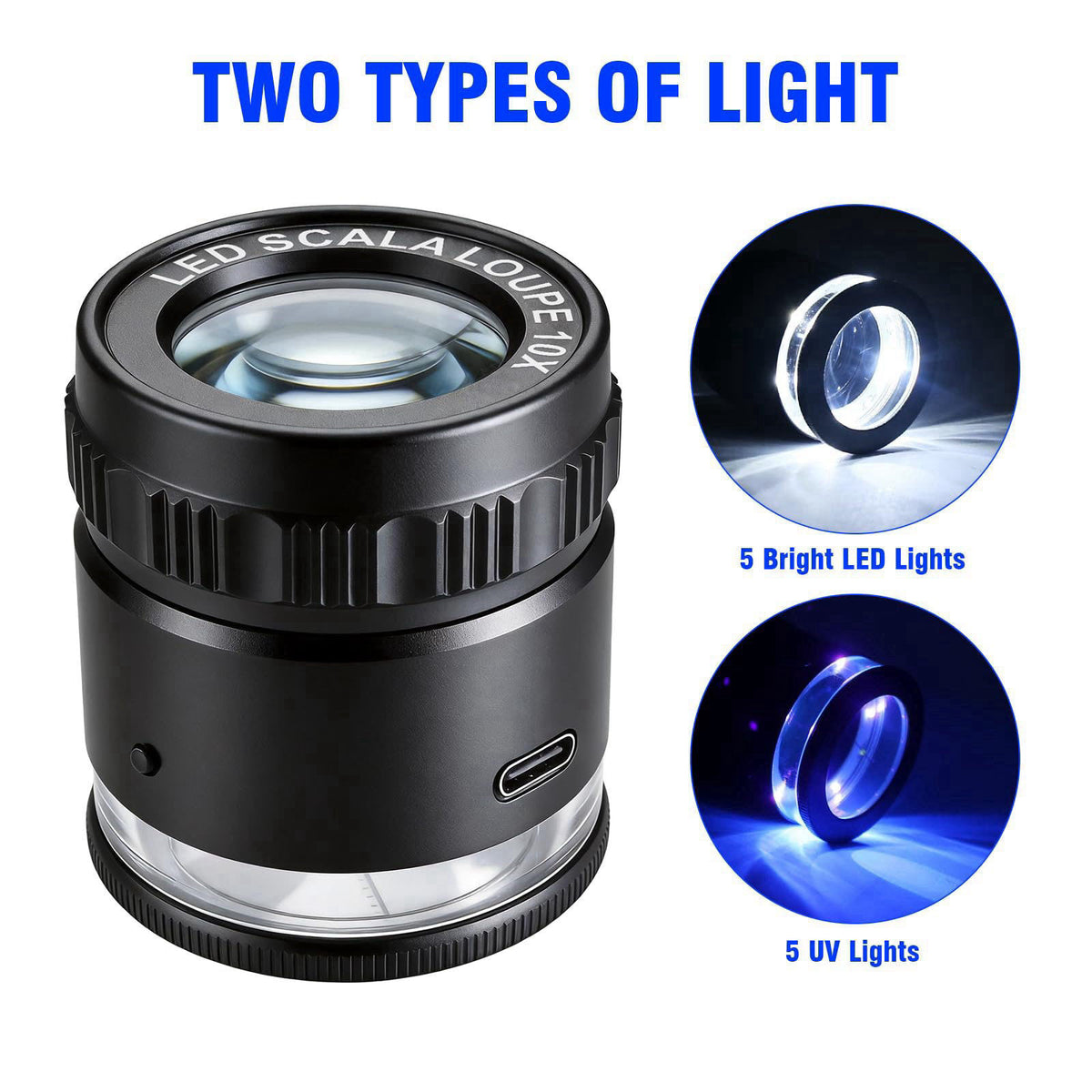 Dasourypro LED Scale Loupe Magnifier 10x Rechargeable with UV & UV Lights, 30mm Optical Lens Metal Gems Loupe Jewelry Lo