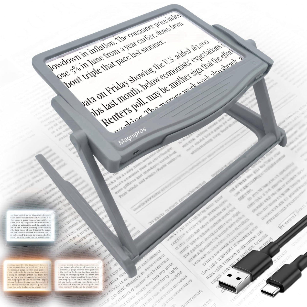 MAGNIPROS 5X LED Page Magnifying Glass, Detachable Stand, 3 Color Modes – Gray, Acrylic