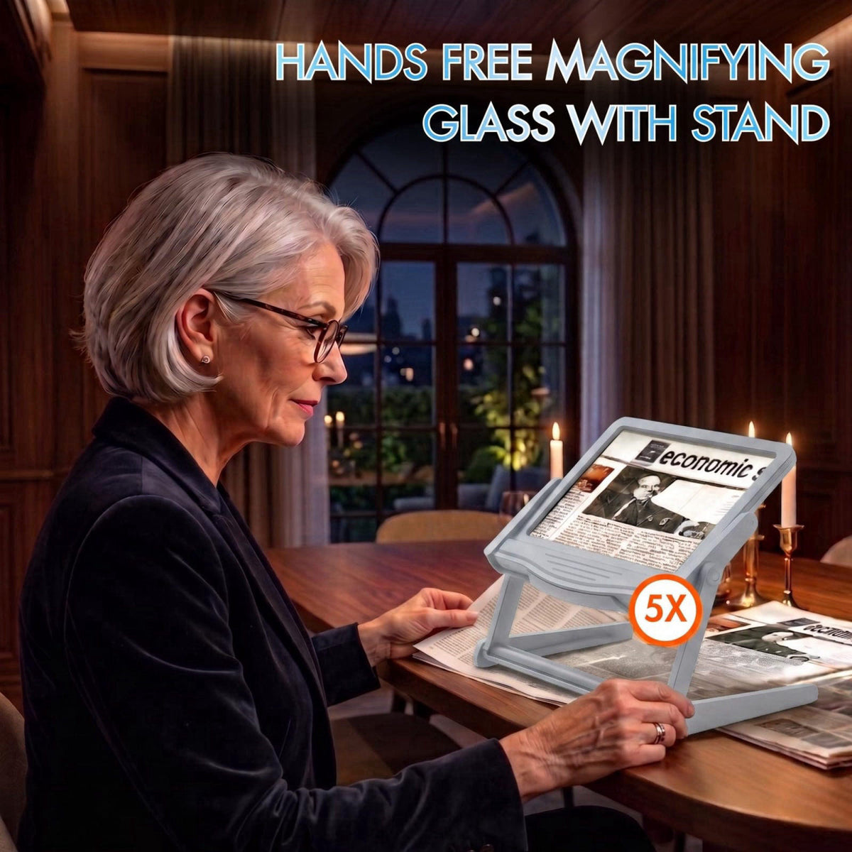 MAGNIPROS 5X LED Page Magnifying Glass, Detachable Stand, 3 Color Modes – packaging and label